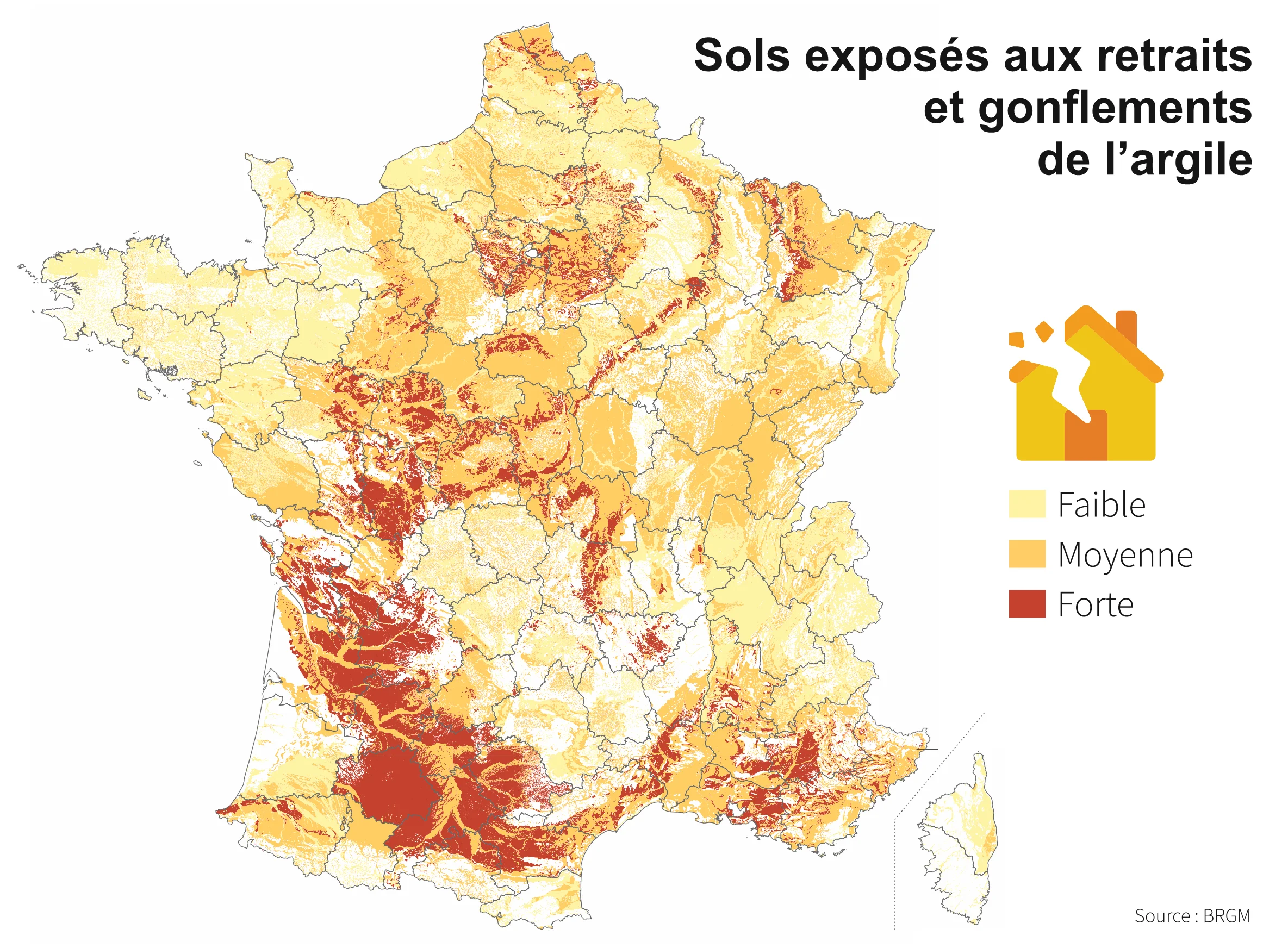 Carte nationale du retrait-gonflement des argiles en France - zones à risque RGA