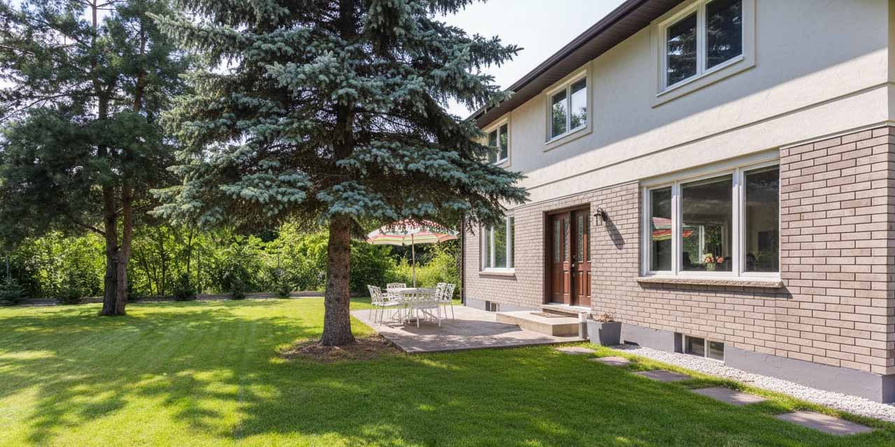 Maison bien entretenue avec jardinage préventif et système d'arrosage autour des fondations